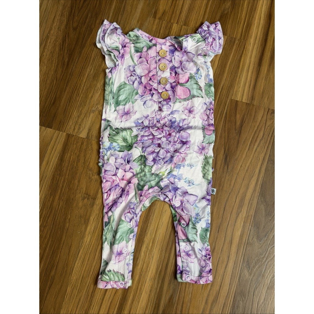 Little Bum Bums Baby Girls Hydrangea Purple Ruffle Bamboo Sleeper Pajamas EUC